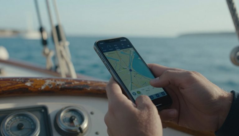mains d'un marin utilisant une application navigation bateau gratuite