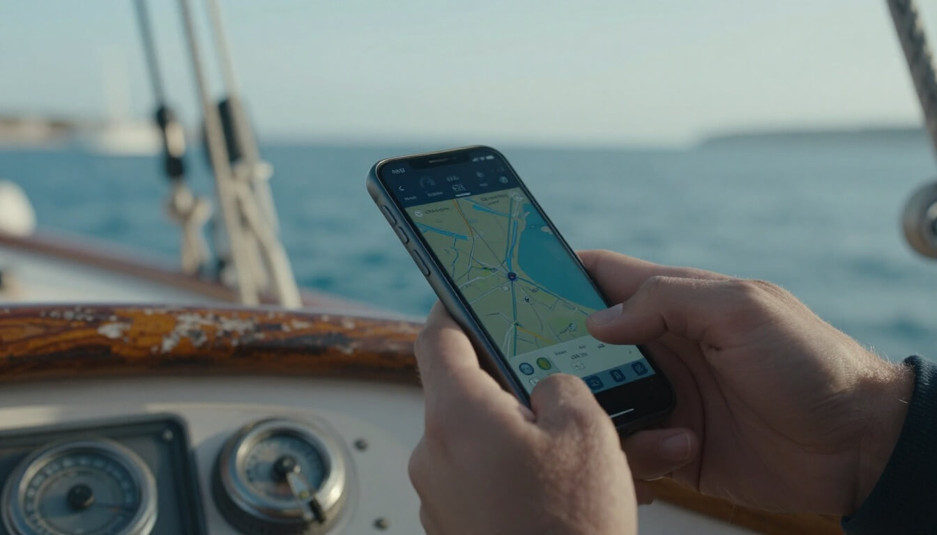 mains d'un marin utilisant une application navigation bateau gratuite