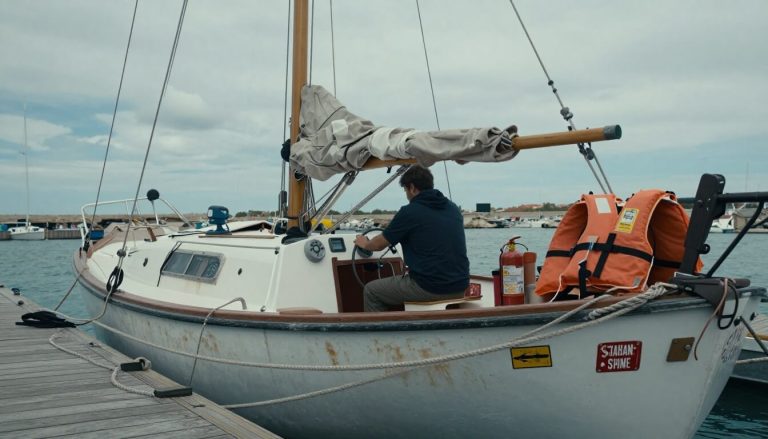 bateau amarré en marina avec détails nautiques et instruments