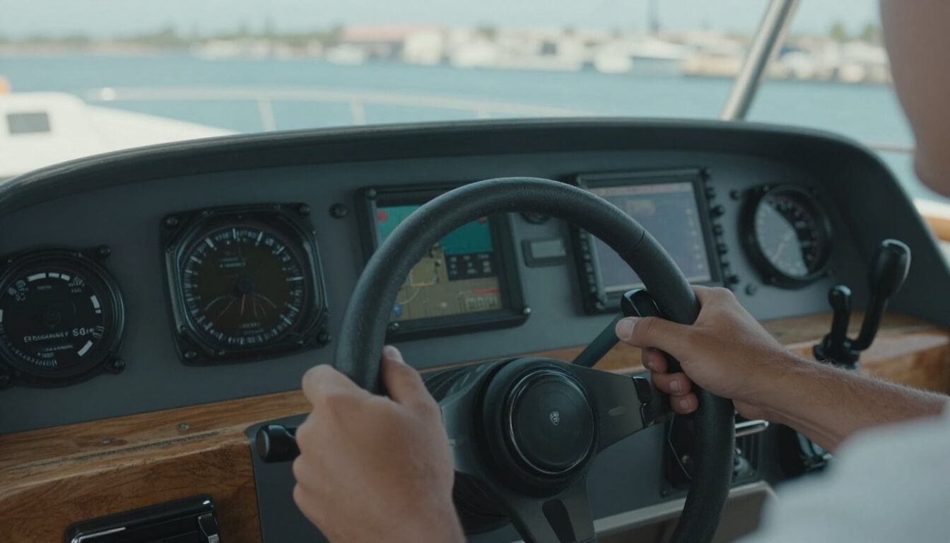 cockpit d'un cabin-cruiser avec mains sur commandes et instruments