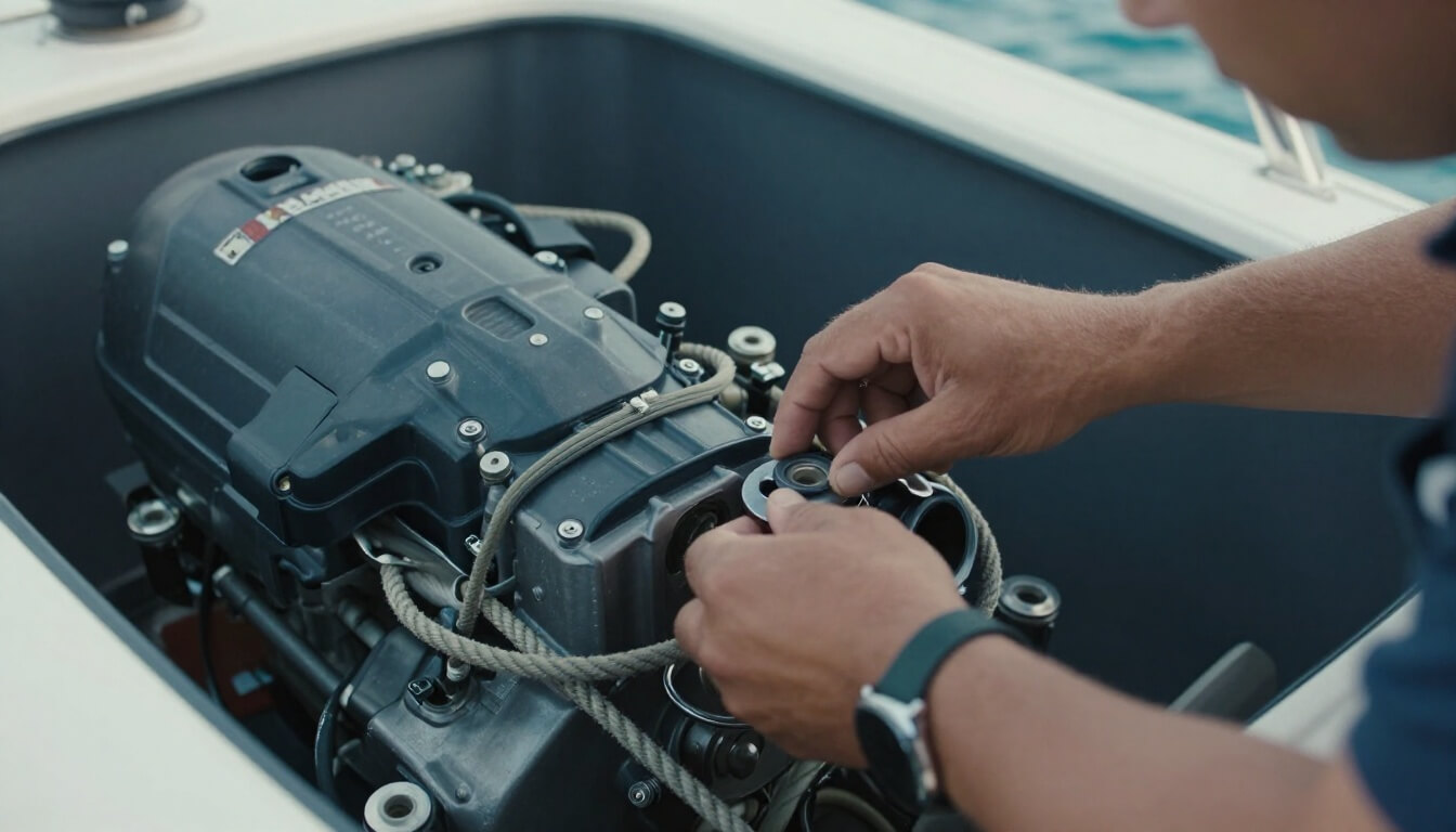 mécanicien inspectant un moteur de bateau Jeanneau bien entretenu