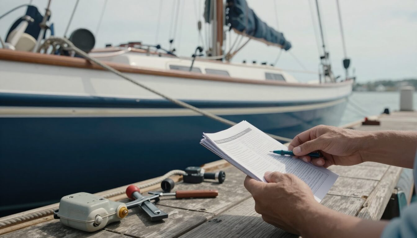 Bateau amarré avec équipements d'entretien et cordages visibles
