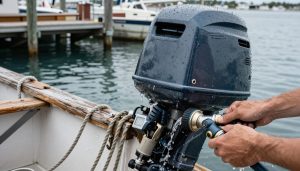 rinçage d'un moteur hors-bord au port avec un tuyau d'eau douce