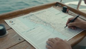 mains d'un marin examinant des papiers de permis bateau en marina