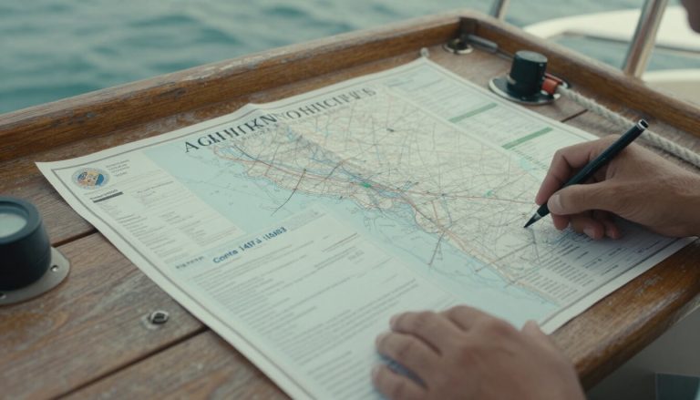 mains d'un marin examinant des papiers de permis bateau en marina