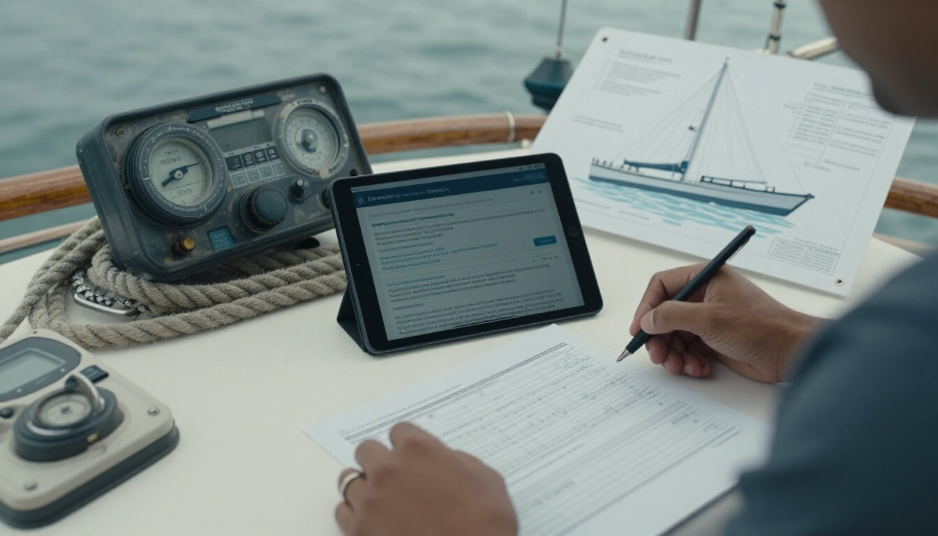 Personne examinant des documents financiers sur un bateau en marina