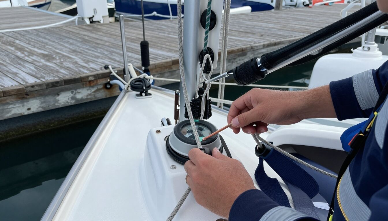 Détail du poste de barre d'un bateau dans une marina nautique
