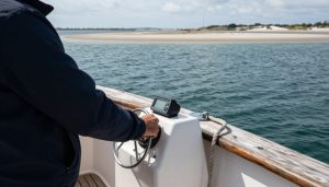 cockpit de bateau motorisé naviguant sur le bassin d'Arcachon