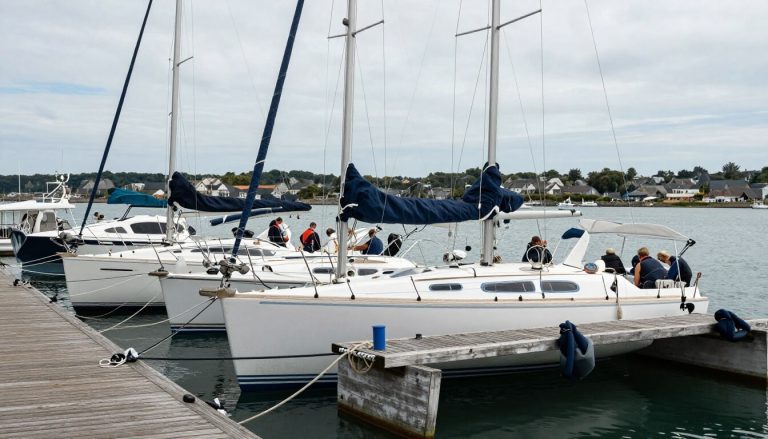 marina en Morbihan avec voiliers et catamarans amarrés