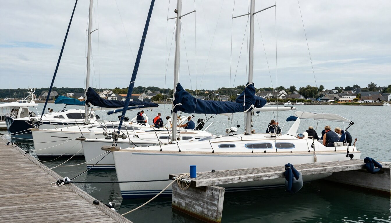 marina en Morbihan avec voiliers et catamarans amarrés