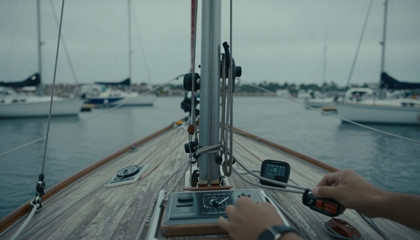cockpit de voilier avec mains sur cordages en marina