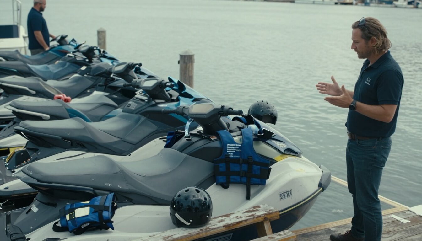 jet ski en location avec briefing sécurité sur un quai marin