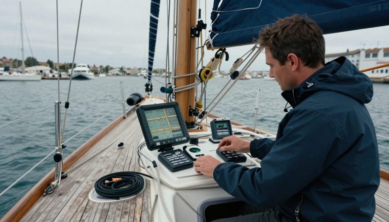 cockpit voilier avec skipper professionnel vérifiant instruments navigation