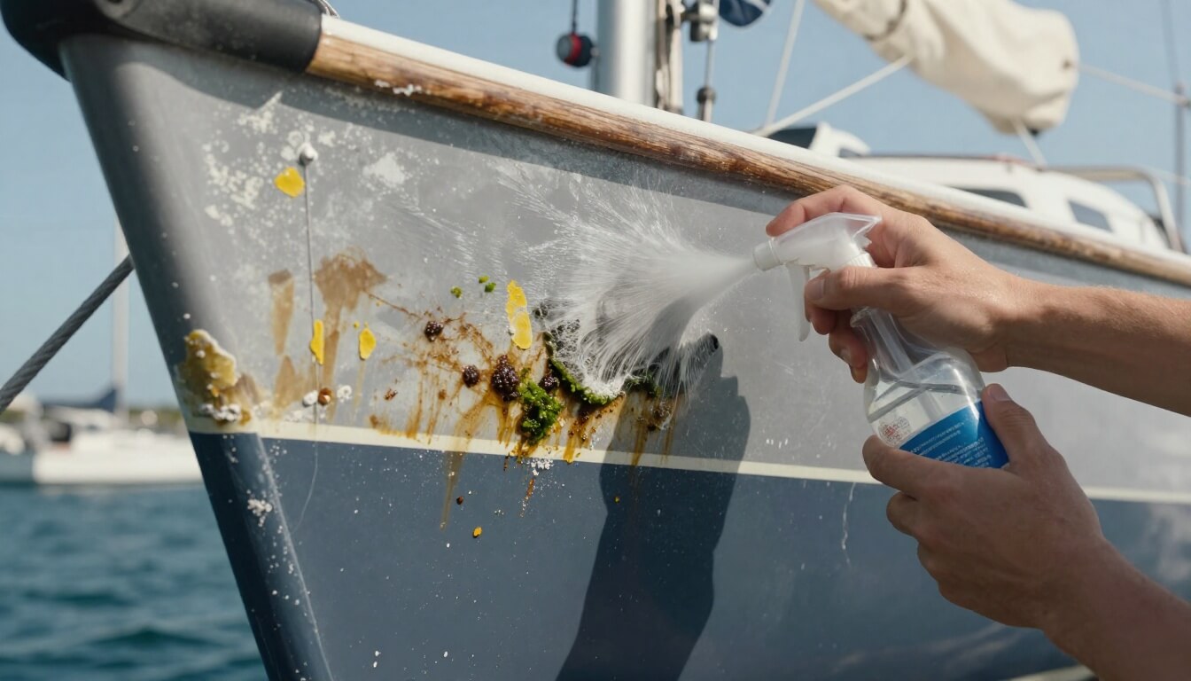 coque de bateau sale avec taches et nettoyage en cours