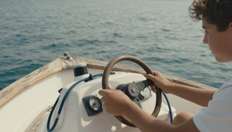 Jeune à 16 ans pilotant un bateau moteur côtier au port