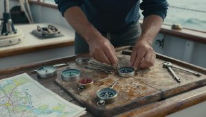 sailor preparing navigation tools on a wooden chart table bateau candidat libre