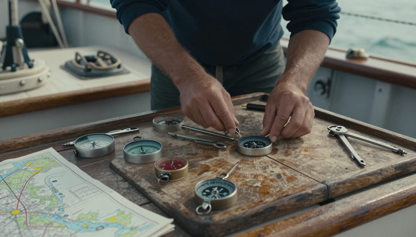 sailor preparing navigation tools on a wooden chart table bateau candidat libre