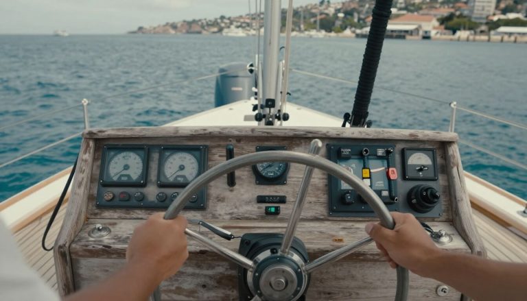 cockpit de catamaran avec commandes moteurs et mains au gouvernail
