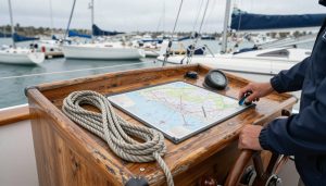 cockpit d'école de voile avec instruments nautiques et cartes marines