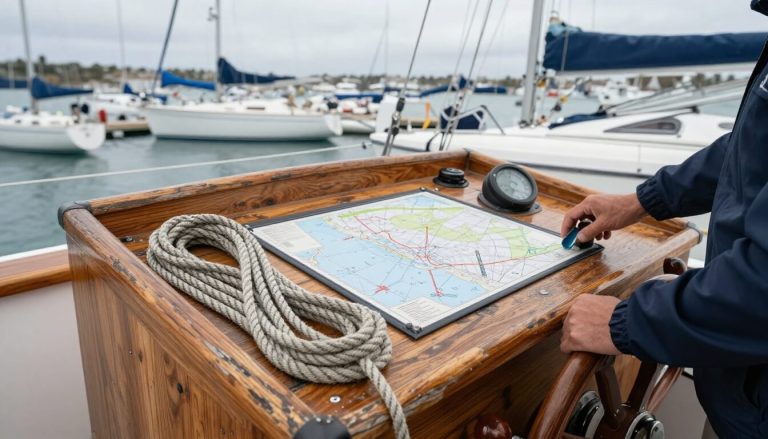 cockpit d'école de voile avec instruments nautiques et cartes marines