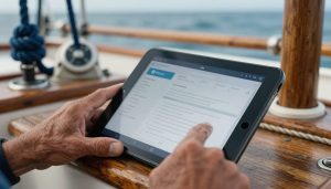 mains naviguant un voilier avec tablette floue en arrière-plan