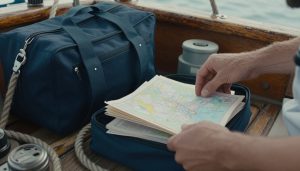 plaisancier cherchant son permis bateau dans sac de navigation