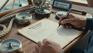 main tenant un formulaire de renouvellement de permis bateau sur table nautique
