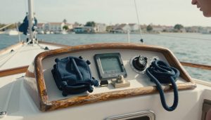 cockpit de yacht avec mains au gouvernail en lumière naturelle