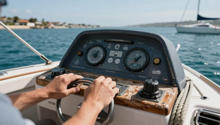vue large cockpit bateau côtier mains à la barre en marina