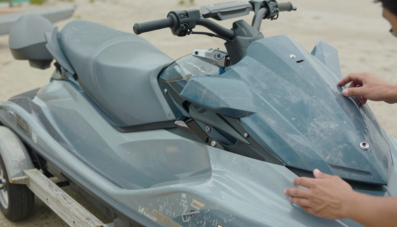 jet ski d'occasion inspecté en détail dans un chantier maritime