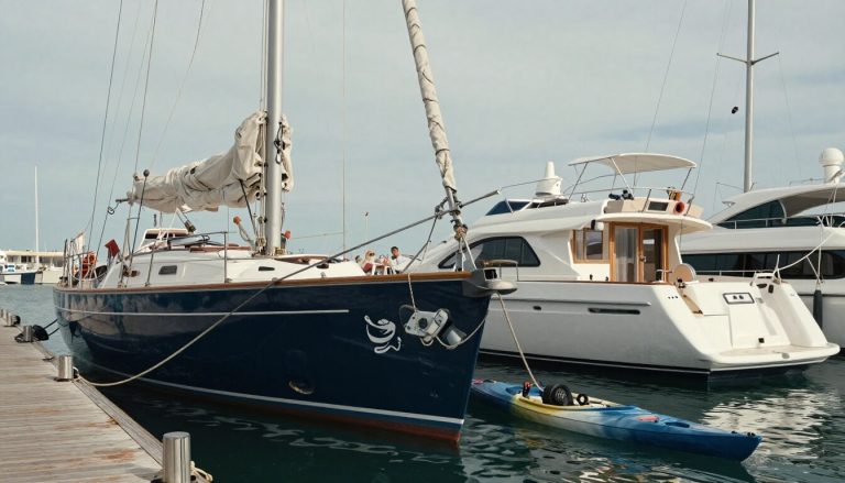 marina avec voilier, cabin-cruiser et kayak alignés au ponton