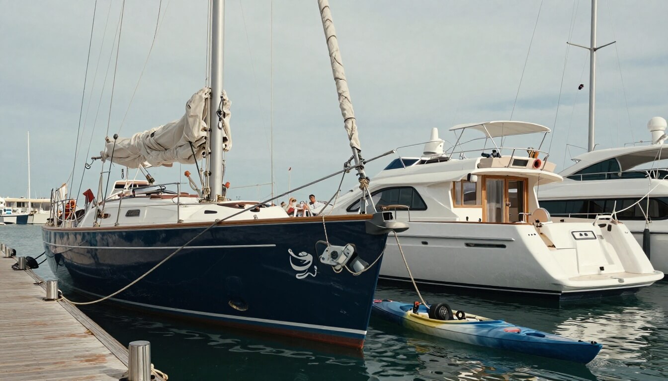 marina avec voilier, cabin-cruiser et kayak alignés au ponton