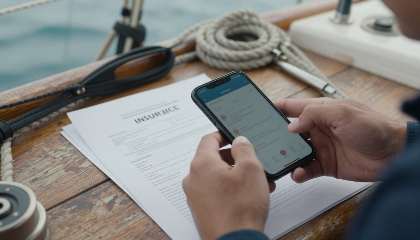 mains tenant documents d'assurance et smartphone sur table de navigation