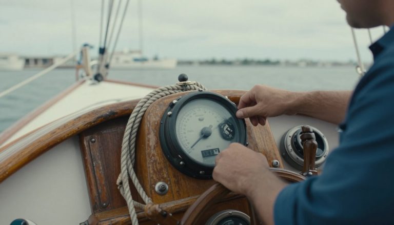 cockpit de bateau avec instruments nautiques et mains au gouvernail