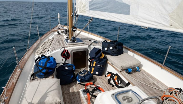 cockpit de bateau encombré avec sacs et coussins visibles