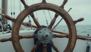 barre à roue en bois de teck dans un cockpit nautique