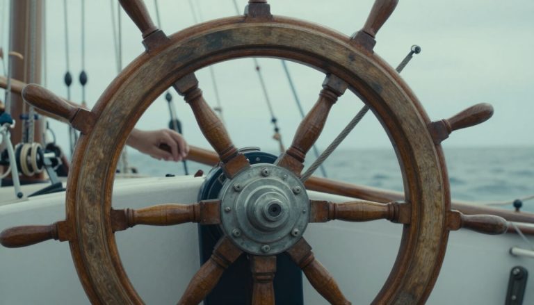barre à roue en bois de teck dans un cockpit nautique