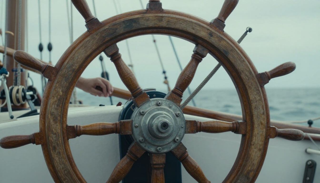 barre à roue en bois de teck dans un cockpit nautique