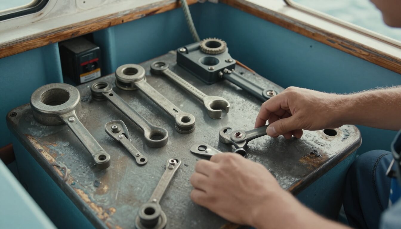 entretien moteur bateau avec mains vérifiant les outils et équipements