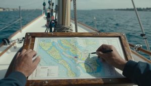 cockpit de bateau avec cartes marines et navigation côtière