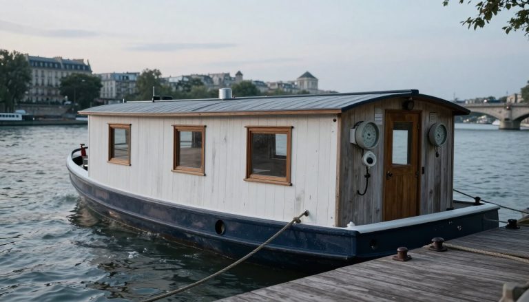 péniche amarrée sur la Seine avec terrasse en bois à Paris