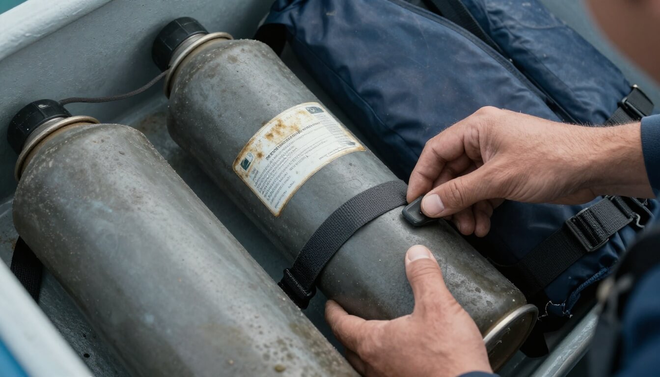 fusées de détresse et gilets de sauvetage dans un coffre de bateau