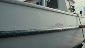 coque de bateau avec gelcoat abîmé et main tactile