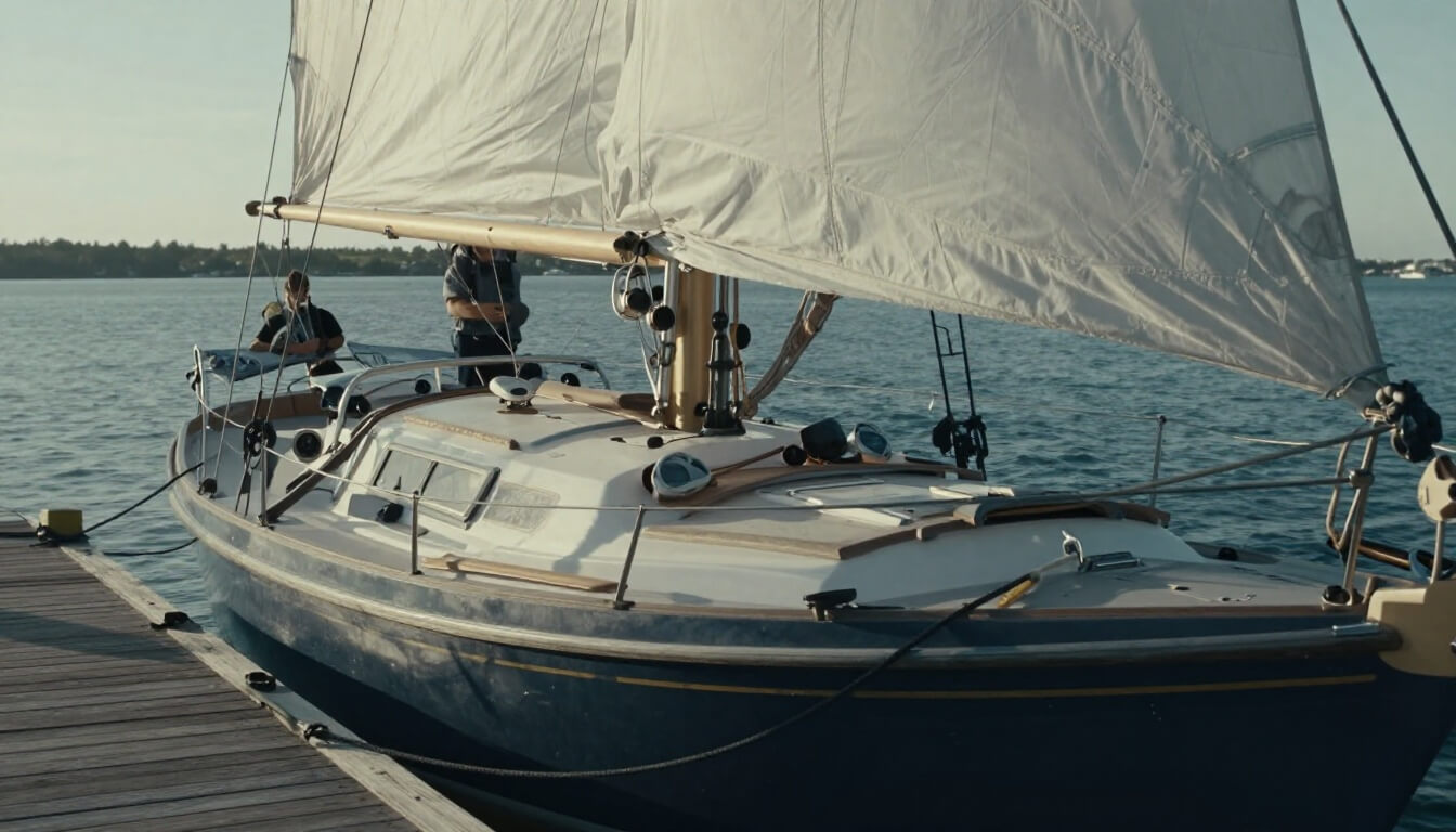 bateau habitable amarré au port avec mains ajustant les cordages