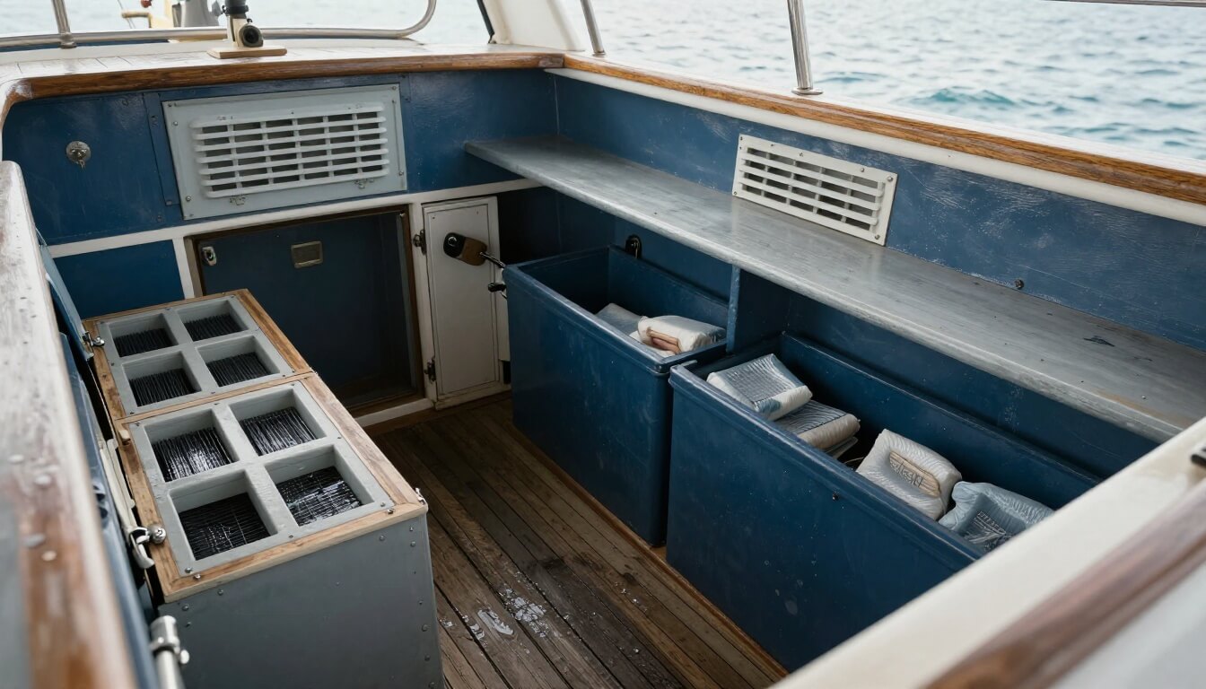 cabin bateau préparée pour hivernage avec absorbeurs d'humidité visibles