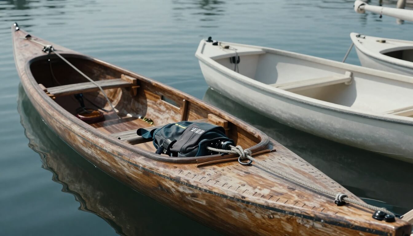 semi-rigide et kayak au port avec marquages visibles sur coque