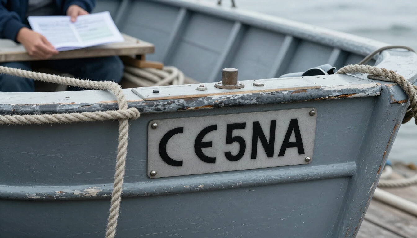 plaque d'immatriculation et spécifications moteur sur coque de bateau