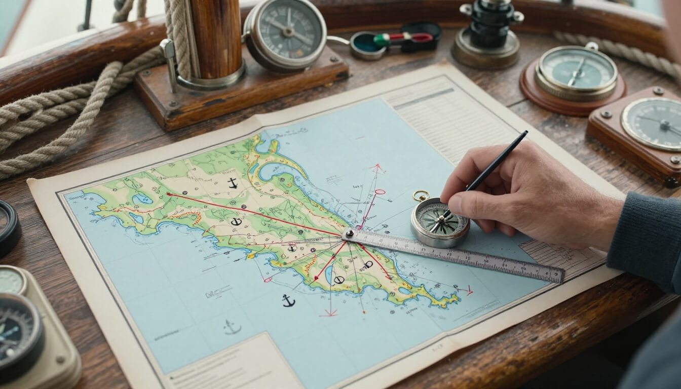 main traçant une route sur une carte marine dans un cockpit de bateau