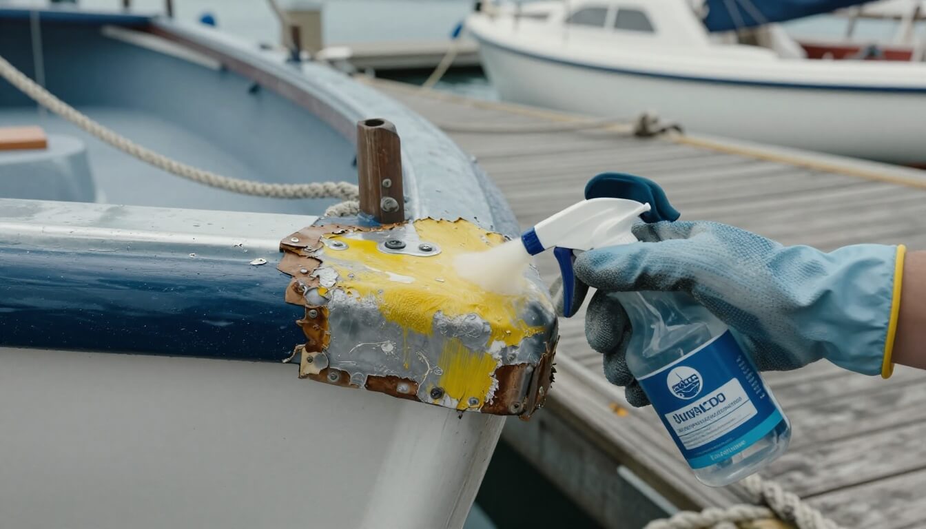 coque bateau en fibre de verre et aluminium avec corrosion visible