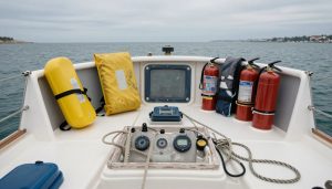 cockpit de bateau avec matériel de sécurité obligatoire bien organisé